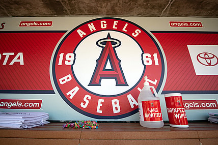 Jul 28, 2020; Anaheim, California, USA; Hand sanitizer in the Los Angeles Angels dugout prior to their game against the Seattle Mariners at Angel Stadium. Mandatory Credit: Angels Baseball via USA TODAY Sports