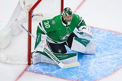 Aug 13, 2020; Edmonton, Alberta, CAN; Dallas Stars goaltender Ben Bishop (30) guards his net against the Calgary Flames during the first period in game two of the first round of the 2020 Stanley Cup Playoffs at Rogers Place. Mandatory Credit: Sergei Belski-USA TODAY Sports