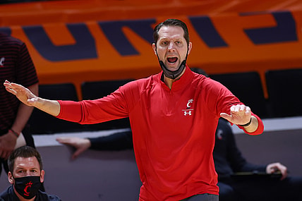 Dec 12, 2020; Knoxville, Tennessee, USA; Cincinnati Bearcats head coach John Brannen reacts during the first half against the Tennessee Volunteers at Thompson-Boling Arena. Mandatory Credit: Randy Sartin-USA TODAY Sports