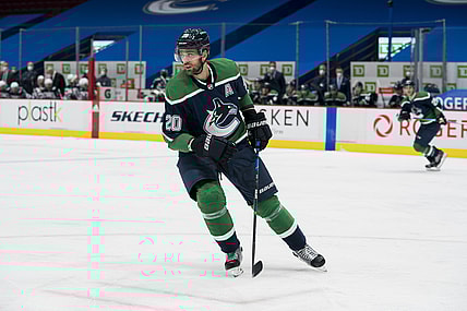 Feb 21, 2021; Vancouver, British Columbia, CAN; Vancouver Canucks forward Brandon Sutter (20) skates against the Winnipeg Jets in the second period  at Rogers Arena. Mandatory Credit: Bob Frid-USA TODAY Sports