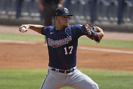 Mar 10, 2021; Port Charlotte, Florida, USA;  Minnesota Twins starting pitcher Jose Berrios (17) throws a pitch during the first inning against the Tampa Bay Rays at Charlotte Sports Park. Mandatory Credit: Kim Klement-USA TODAY Sports