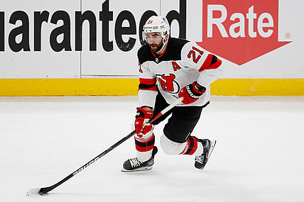 Mar 7, 2021; Boston, Massachusetts, USA; New Jersey Devils right wing Kyle Palmieri (21) during the first period against the Boston Bruins at TD Garden. Mandatory Credit: Winslow Townson-USA TODAY Sports