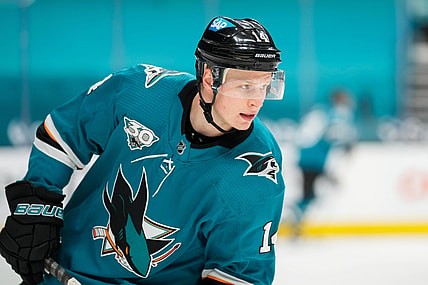 Mar 24, 2021; San Jose, California, USA;  San Jose Sharks center Antti Suomela (14) before the game against the Los Angeles Kings at SAP Center at San Jose. Mandatory Credit: Stan Szeto-USA TODAY Sports