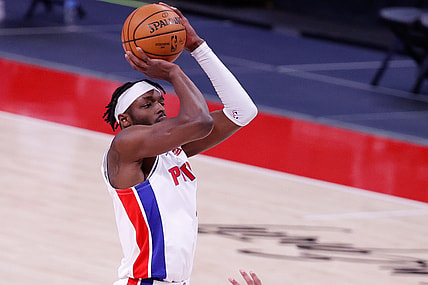 Mar 31, 2021; Detroit, Michigan, USA; Detroit Pistons forward Jerami Grant (9) shoots in the first half against the Portland Trail Blazers at Little Caesars Arena. Mandatory Credit: Rick Osentoski-USA TODAY Sports