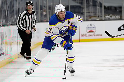 Mar 27, 2021; Boston, Massachusetts, USA; Buffalo Sabres right wing Kyle Okposo (21) during the first period against the Boston Bruins at TD Garden. Mandatory Credit: Winslow Townson-USA TODAY Sports