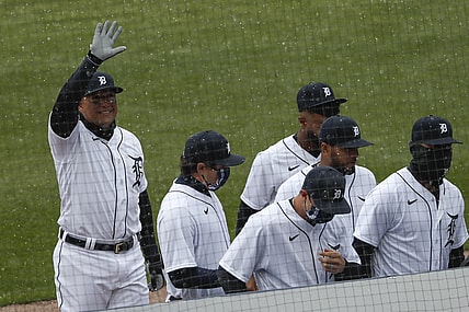 Apr 1, 2021; Detroit, Michigan, USA; Detroit Tigers first baseman Miguel Cabrera (24) waves to the crowd before the game against the Cleveland Indians on Opening Day at Comerica Park. Mandatory Credit: Raj Mehta-USA TODAY Sports