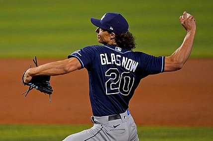 Apr 1, 2021; Miami, Florida, USA; Tampa Bay Rays starting pitcher Tyler Glasnow (20) delivers a pitch in the 1st inning against the Miami Marlins at loanDepot park. Mandatory Credit: Jasen Vinlove-USA TODAY Sports