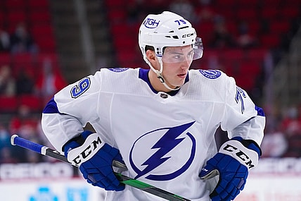 Mar 27, 2021; Raleigh, North Carolina, USA;  Tampa Bay Lightning left wing Ross Colton (79) looks on against the Carolina Hurricanes at PNC Arena. Mandatory Credit: James Guillory-USA TODAY Sports