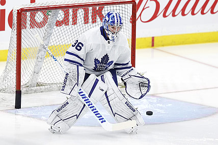 Apr 2, 2021; Winnipeg, Manitoba, CAN;  Toronto Maple Leafs goaltender Jack Campbell (36) warms up before a game against the Winnipeg Jets at Bell MTS Place. Mandatory Credit: James Carey Lauder-USA TODAY Sports