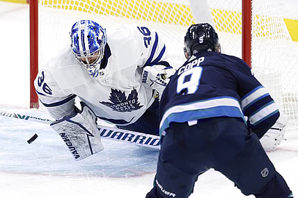 Apr 2, 2021; Winnipeg, Manitoba, CAN;  Winnipeg Jets center Andrew Copp (9) scores on Toronto Maple Leafs goaltender Jack Campbell (36) in the second period at Bell MTS Place. Mandatory Credit: James Carey Lauder-USA TODAY Sports