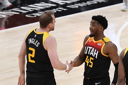 Apr 2, 2021; Salt Lake City, Utah, USA; Utah Jazz guard Joe Ingles (2) and Utah Jazz guard Donovan Mitchell (45) react to a play in the third quarter against the Chicago Bulls at Vivint Smart Home Arena. Mandatory Credit: Rob Gray-USA TODAY Sports