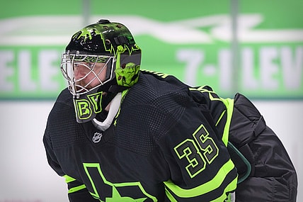 Mar 27, 2021; Dallas, Texas, USA; Dallas Stars goaltender Anton Khudobin (35) in action during the game between the Dallas Stars and the Florida Panthers at the American Airlines Center. Mandatory Credit: Jerome Miron-USA TODAY Sports