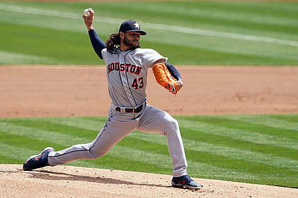 Apr 3, 2021; Oakland, California, USA; Houston Astros starting pitcher Lance McCullers Jr. (43) throws a pitch during the first inning against the Oakland Athletics at RingCentral Coliseum. Mandatory Credit: Darren Yamashita-USA TODAY Sports