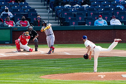 Apr 3, 2021; Philadelphia, Pennsylvania, USA; Philadelphia Phillies starting pitcher Zack Wheeler (45) strikes out Atlanta Braves right fielder Ronald Acuna Jr. (13) during the first inning at Citizens Bank Park. Mandatory Credit: Bill Streicher-USA TODAY Sports