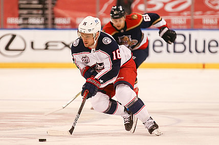 Apr 3, 2021; Sunrise, Florida, USA; Columbus Blue Jackets center Max Domi (16) skates with the puck against the Florida Panthers during the third period at BB&T Center. Mandatory Credit: Sam Navarro-USA TODAY Sports