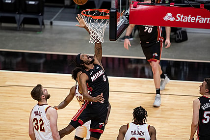 Apr 3, 2021; Miami, Florida, USA; Miami Heat forward Trevor Ariza (8) attempts a layup during the fourth quarter of a game against the Cleveland Cavaliers at American Airlines Arena. Mandatory Credit: Mary Holt-USA TODAY Sports