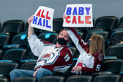 Apr 3, 2021; Denver, Colorado, USA; Colorado Avalanche fans hold up signs for defenseman Cale Makar (not pictured) in the third period of the game against the St. Louis Blues at Ball Arena. Mandatory Credit: Isaiah J. Downing-USA TODAY Sports