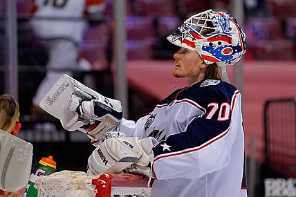 Apr 4, 2021; Sunrise, Florida, USA; Columbus Blue Jackets goaltender Joonas Korpisalo (70) stands at the net during a stoppage in play against the Florida Panthers in the second period at BB&T Center. Mandatory Credit: Jasen Vinlove-USA TODAY Sports