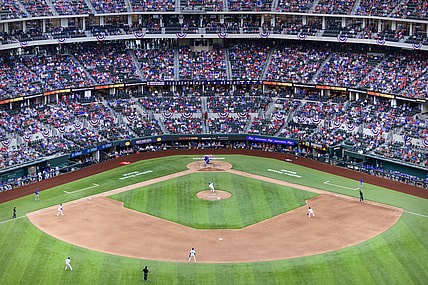 Apr 5, 2021; Arlington, Texas, USA; A view of the field and the stands and the fans during the game between the Texas Rangers and the Toronto Blue Jays at Globe Life Field. Mandatory Credit: Jerome Miron-USA TODAY Sports