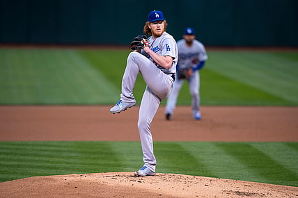 Apr 5, 2021; Oakland, California, USA; Los Angeles Dodgers starting pitcher Dustin May (85) delivers a pitch against the Oakland Athletics during the first inning at RingCentral Coliseum. Mandatory Credit: Neville E. Guard-USA TODAY Sports