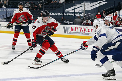Apr 6, 2021; Columbus, Ohio, USA; Columbus Blue Jackets right wing Patrik Laine (29) shoots the puck as Tampa Bay Lightning defenseman Victor Hedman (77) defends during the first period at Nationwide Arena. Mandatory Credit: Russell LaBounty-USA TODAY Sports