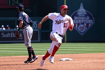 Apr 7, 2021; Washington, District of Columbia, USA; Washington Nationals first baseman Ryan Zimmerman (11) advances to third base on a single by Washington Nationals third baseman Starlin Castro (not pictured) against the Atlanta Braves in the second inning at Nationals Park. Mandatory Credit: Geoff Burke-USA TODAY Sports
