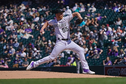 Apr 8, 2021; Denver, Colorado, USA; Colorado Rockies starting pitcher Jon Gray (55) delivers a pitch in the fifth inning against the Arizona Diamondbacks at Coors Field. Mandatory Credit: Ron Chenoy-USA TODAY Sports