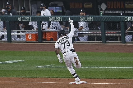 Apr 8, 2021; Chicago, Illinois, USA; Chicago White Sox catcher Yermin Mercedes (73) gestures as he rounds the bases after hitting a home run against the Kansas City Royals during the first inning at Guaranteed Rate Field. Mandatory Credit: Kamil Krzaczynski-USA TODAY Sports