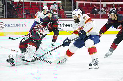 Apr 8, 2021; Raleigh, North Carolina, USA; Carolina Hurricanes goaltender Alex Nedeljkovic (39) stops a shot by Florida Panthers defenseman Radko Gudas (7) during the first period at PNC Arena. Mandatory Credit: James Guillory-USA TODAY Sports
