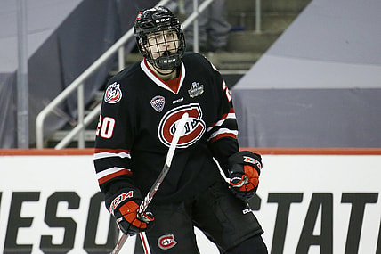Apr 8, 2021; Pittsburgh, PA, USA; St. Cloud State Huskies forward Nolan Walker (20) celebrates his goal during the third period in the semifinals of the 2021 NCAA Frozen Four college hockey tournament against the Minnesota State Mavericks at PPG Paints Arena. Mandatory Credit: Charles LeClaire-USA TODAY Sports