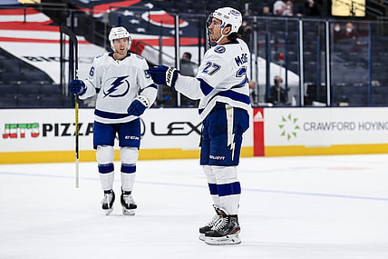 Apr 8, 2021; Columbus, Ohio, USA; Tampa Bay Lightning defenseman Ryan McDonagh (27) celebrates with teammates after scoring a goal against the Columbus Blue Jackets in the second period at Nationwide Arena. Mandatory Credit: Aaron Doster-USA TODAY Sports