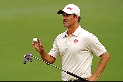 Apr 10, 2021; Augusta, Georgia, USA; Adam Scott reacts to his putt on the second green during the third round of The Masters golf tournament. Mandatory Credit: Michael Madrid-USA TODAY Sports