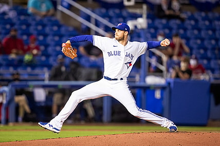 Apr 10, 2021; Dunedin, Florida, USA; Toronto Blue Jays starting pitcher Steven Matz (22) delivers a pitch against the Los Angeles Angels during the second inning at TD Ballpark. Mandatory Credit: Mary Holt-USA TODAY Sports