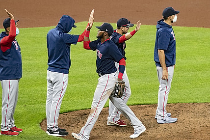 Apr 10, 2021; Baltimore, Maryland, USA;  Boston Red Sox center fielder Franchy Cordero (16) celebrates with teammates after defeating Baltimore Orioles at Oriole Park at Camden Yards. Mandatory Credit: Tommy Gilligan-USA TODAY Sports