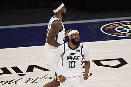 Apr 10, 2021; Salt Lake City, Utah, USA; Utah Jazz guard Mike Conley (10) reacts after hitting a three-pointer in the fourth quarter against the Sacramento Kings at Vivint Smart Home Arena. Mandatory Credit: Jeffrey Swinger-USA TODAY Sports