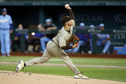 Apr 11, 2021; Arlington, Texas, USA; San Diego Padres starting pitcher Adrian Morejon (50) throws a pitch in the first inning against the Texas Rangers  at Globe Life Field. Mandatory Credit: Tim Heitman-USA TODAY Sports