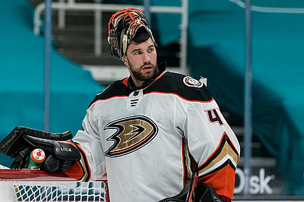 Apr 12, 2021; San Jose, California, USA; Anaheim Ducks goaltender Anthony Stolarz (41) takes a break in the second period against the San Jose Sharks at SAP Center at San Jose. Mandatory Credit: John Hefti-USA TODAY Sports