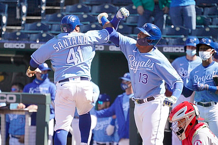 Apr 14, 2021; Kansas City, Missouri, USA; Kansas City Royals first baseman Carlos Santana (41) celebrates with catcher Salvador Perez (13) after Santana hit a two run home run in the seventh inning against the Los Angeles Angels at Kauffman Stadium. Mandatory Credit: Denny Medley-USA TODAY Sports