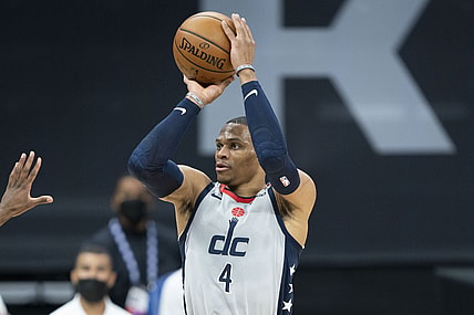 April 14, 2021; Sacramento, California, USA; Washington Wizards guard Russell Westbrook (4) shoots the basketball against the Sacramento Kings during the second quarter at Golden 1 Center. Mandatory Credit: Kyle Terada-USA TODAY Sports