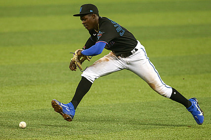 Apr 17, 2021; Miami, Florida, USA; Miami Marlins second baseman Jazz Chisholm Jr. (2) plays his position in the fifth inning against the San Francisco Giants at loanDepot park. Mandatory Credit: Sam Navarro-USA TODAY Sports