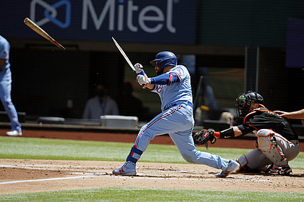 Apr 18, 2021; Arlington, Texas, USA; Texas Rangers catcher Jose Trevino (23) breaks his bat in the second inning against the Baltimore Orioles at Globe Life Field. Mandatory Credit: Tim Heitman-USA TODAY Sports