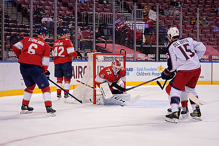 Apr 19, 2021; Sunrise, Florida, USA; Florida Panthers goaltender Sergei Bobrovsky (72) blocks the shot against the Columbus Blue Jackets during the first period at BB&T Center. Mandatory Credit: Jasen Vinlove-USA TODAY Sports