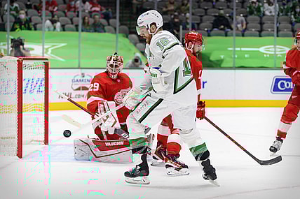 Apr 19, 2021; Dallas, Texas, USA; Dallas Stars center Joe Pavelski (16) attempts to redirect the puck past Detroit Red Wings goaltender Thomas Greiss (29) during the second period at the American Airlines Center. Mandatory Credit: Jerome Miron-USA TODAY Sports