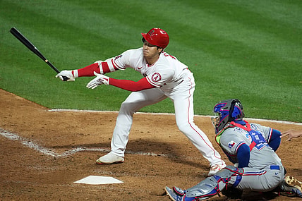 Apr 19, 2021; Anaheim, California, USA; Los Angeles Angels designated hitter Shohei Ohtani (17) strikes out in the sixth inning as Texas Rangers catcher Jose Trevino (23) watches  at Angel Stadium. Mandatory Credit: Kirby Lee-USA TODAY Sports