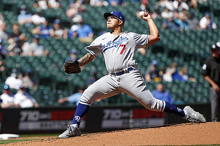 Apr 20, 2021; Seattle, Washington, USA; Los Angeles Dodgers starting pitcher Julio Urias (7) throws against the Seattle Mariners during the third inning at T-Mobile Park. Mandatory Credit: Joe Nicholson-USA TODAY Sports