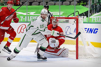 Apr 20, 2021; Dallas, Texas, USA; Dallas Stars left wing Blake Comeau (15) skates in front of Detroit Red Wings goaltender Thomas Greiss (29) during the second period at the American Airlines Center. Mandatory Credit: Jerome Miron-USA TODAY Sports