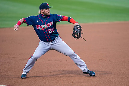 Apr 20, 2021; Oakland, California, USA; Minnesota Twins third baseman Josh Donaldson (20) throws out Oakland Athletics center fielder Ramon Laureano (not pictured) during the third inning at RingCentral Coliseum. Mandatory Credit: Neville E. Guard-USA TODAY Sports