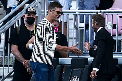 Apr 18, 2021; Fort Lauderdale, FL, Fort Lauderdale, FL, USA; Inter Miami CF owner David Beckham greets Tampa Bay Buccaneers quarterback Tom Brady prior the game between Inter Miami CF and Los Angeles Galaxy at DRV PNK Stadium. Mandatory Credit: Sam Navarro-USA TODAY Sports