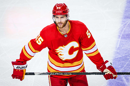 Apr 10, 2021; Calgary, Alberta, CAN; Calgary Flames defenseman Noah Hanifin (55) against the Edmonton Oilers during the first period at Scotiabank Saddledome. Mandatory Credit: Sergei Belski-USA TODAY Sports