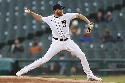 Apr 21, 2021; Detroit, Michigan, USA; Detroit Tigers starting pitcher Spencer Turnbull (56) pitches during the first inning against the Pittsburgh Pirates at Comerica Park. Mandatory Credit: Raj Mehta-USA TODAY Sports
